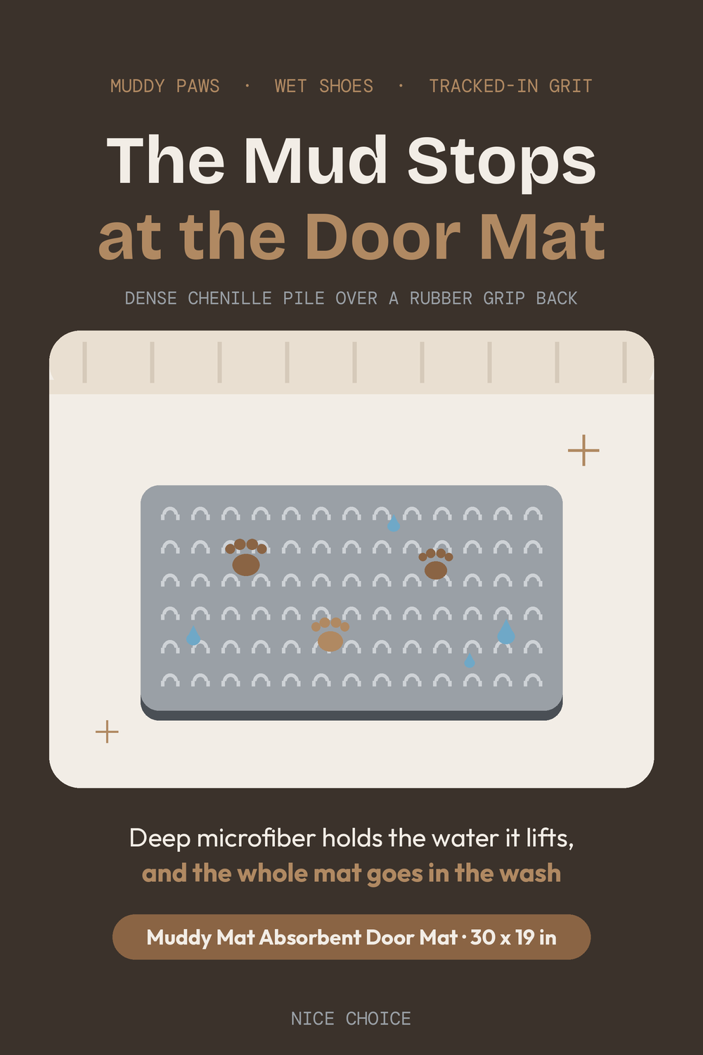 Nice Choice illustration pin for the Muddy Mat absorbent chenille door mat