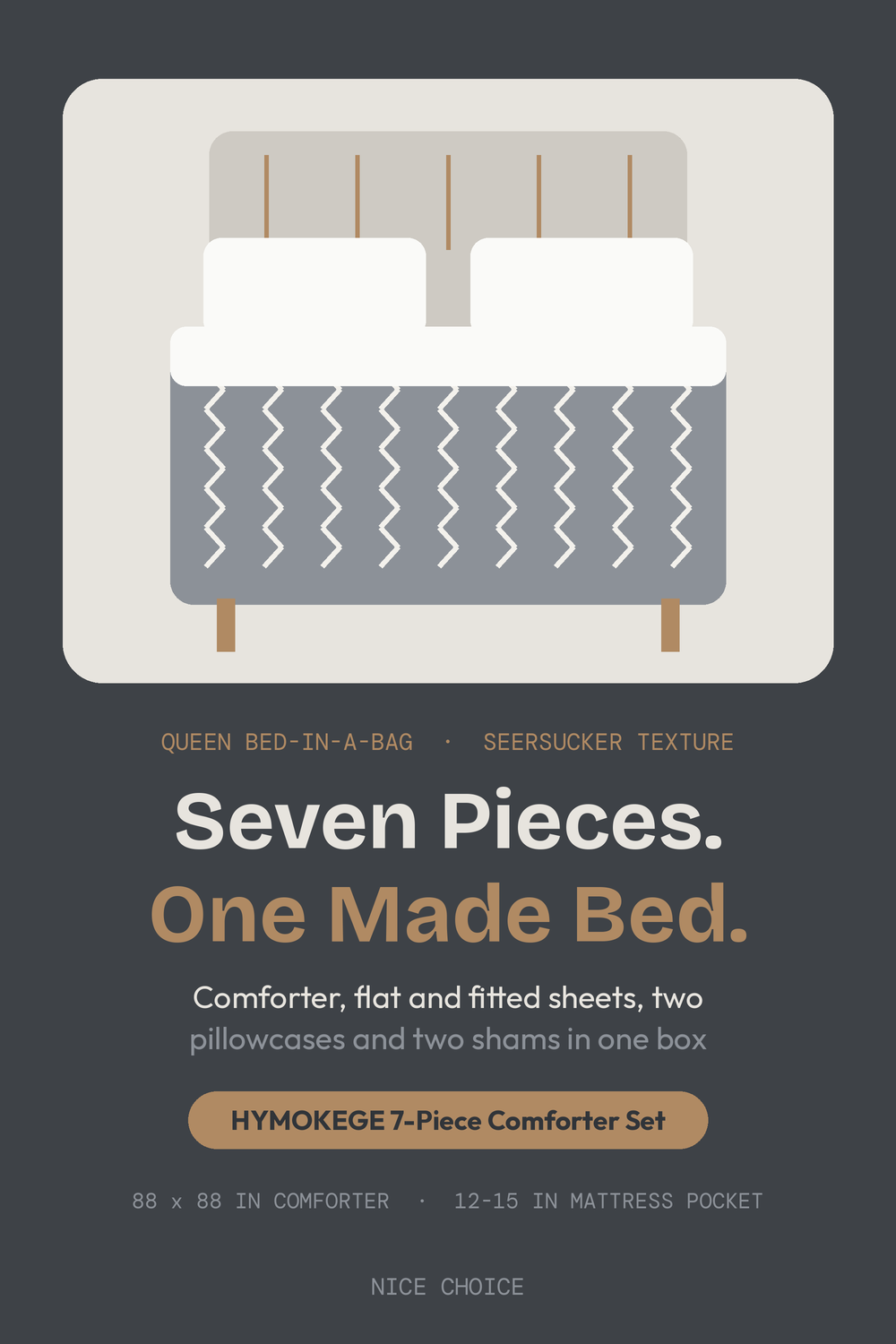 Nice Choice illustration pin for the seven-piece seersucker queen comforter set