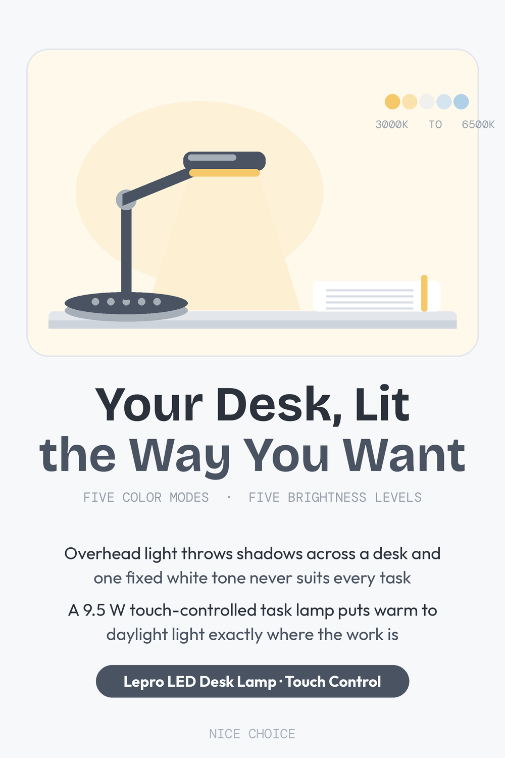 Nice Choice illustration pin for the Lepro LED desk lamp with touch control