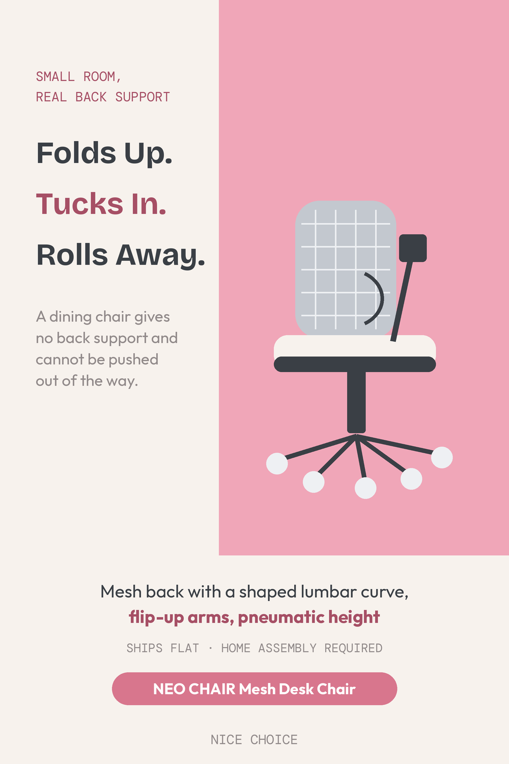 Nice Choice illustration pin for the NEO CHAIR ergonomic mesh desk chair