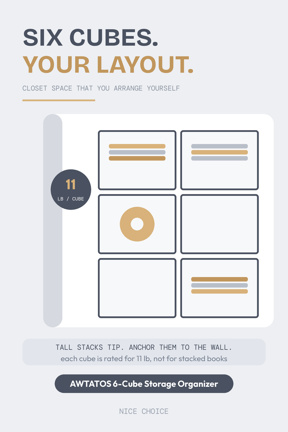 Nice Choice illustration pin for the AWTATOS six-cube storage organizer