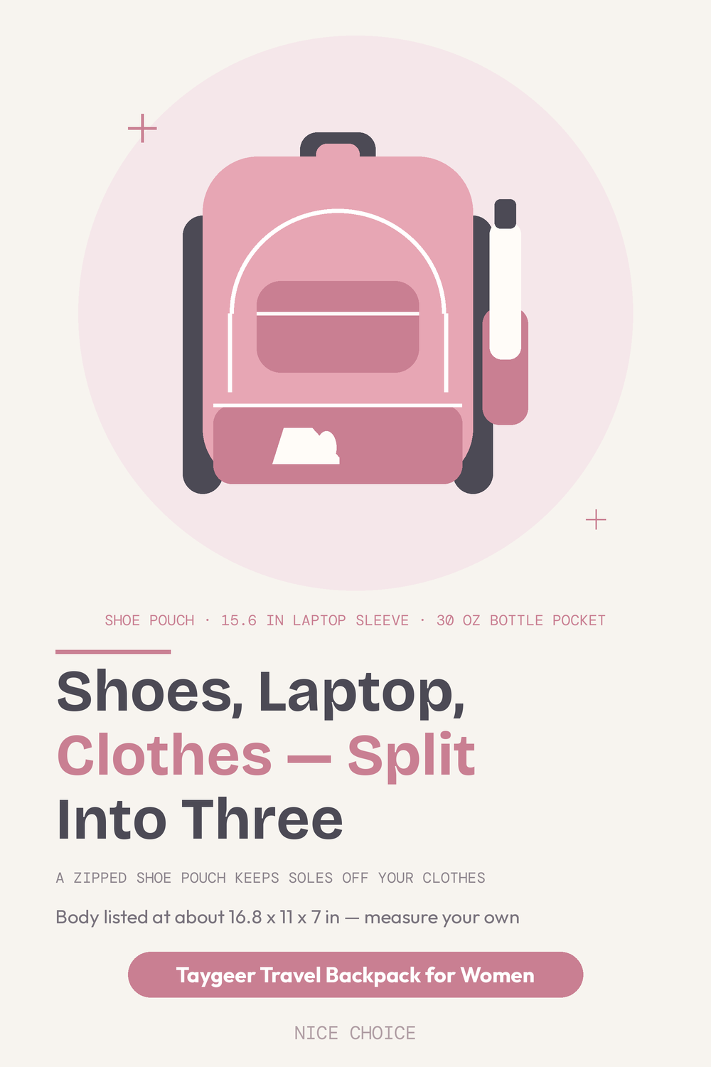 Nice Choice illustration pin for the Taygeer travel backpack with shoe pouch
