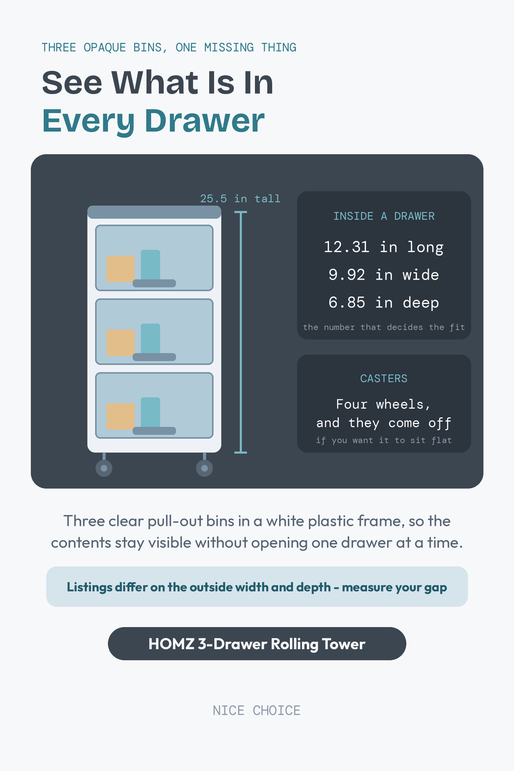 Nice Choice illustration pin for the HOMZ 3-tier rolling drawer tower