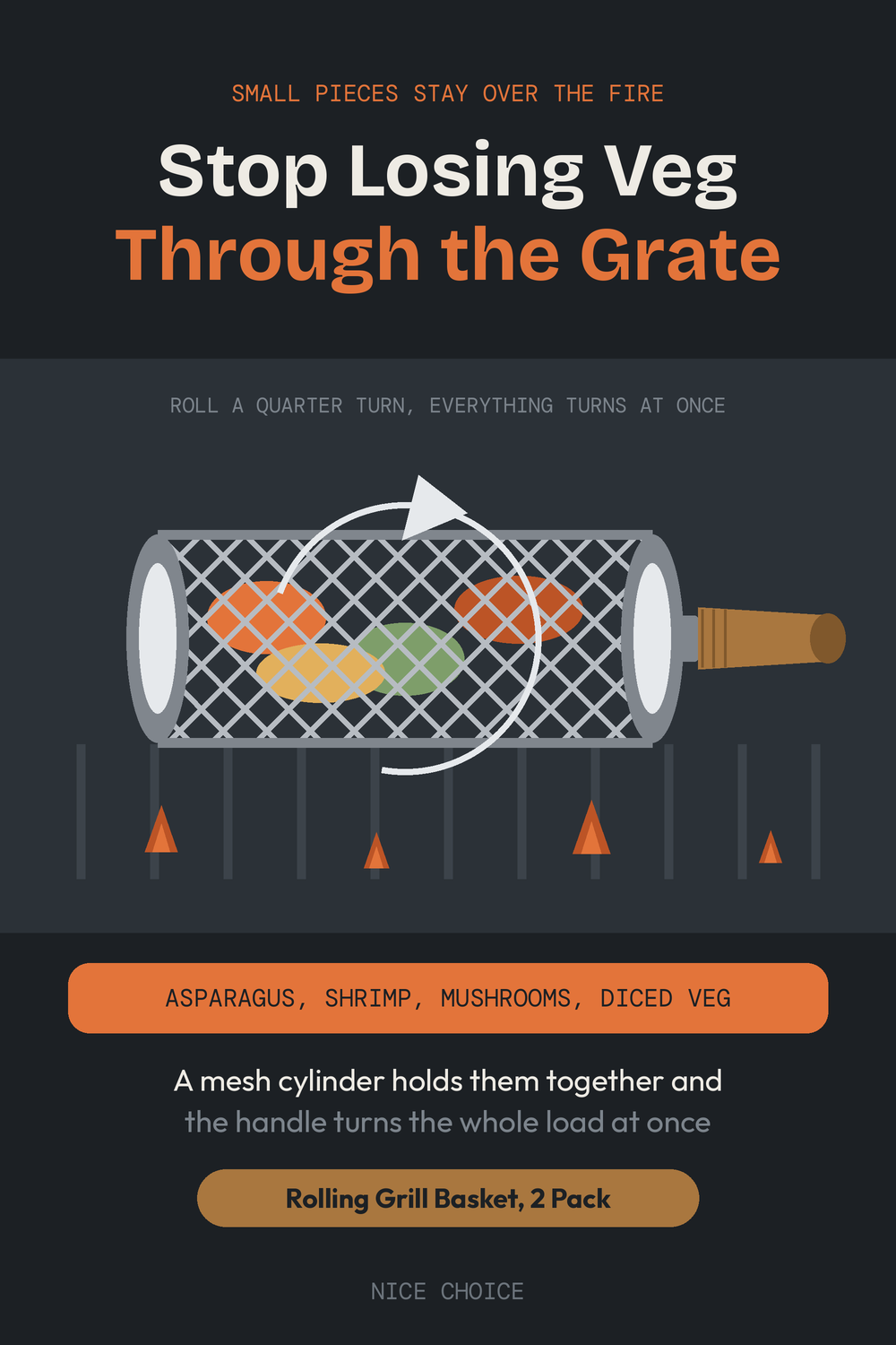 Nice Choice illustration pin for the rolling grill basket with a wooden handle