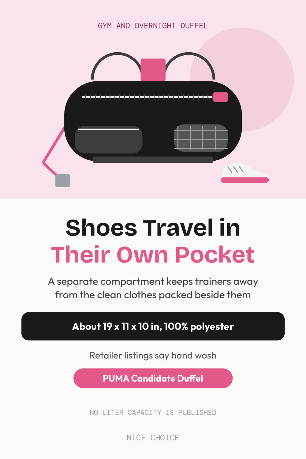 Nice Choice illustration pin for the PUMA Candidate duffel with a shoe pocket