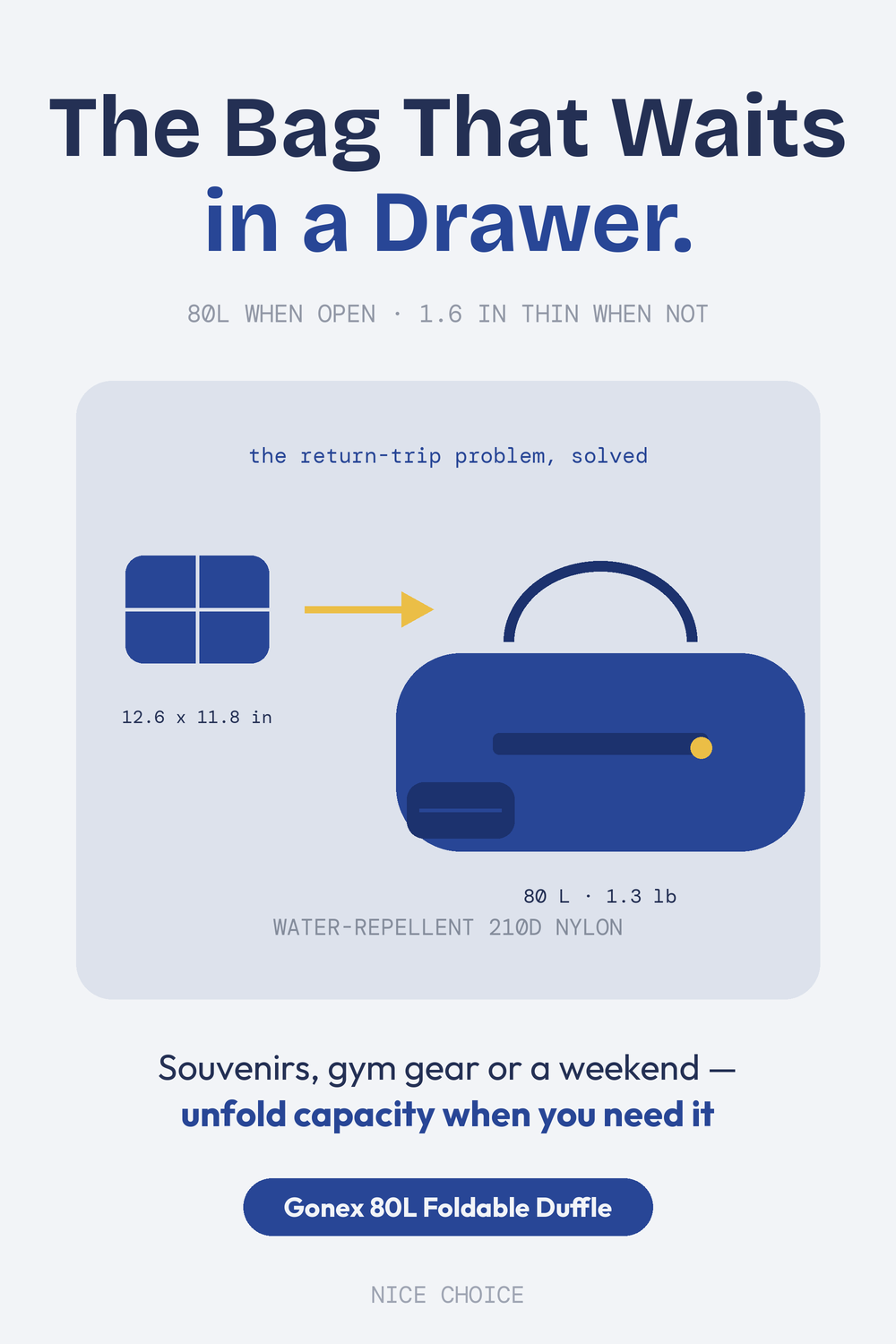 Nice Choice illustration pin for the Gonex Foldable Travel Duffle (80L)