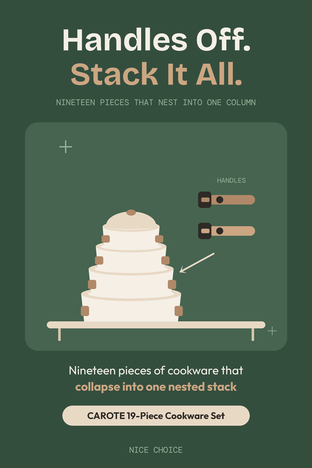 Nice Choice illustration pin for the CAROTE 19-piece detachable handle cookware set