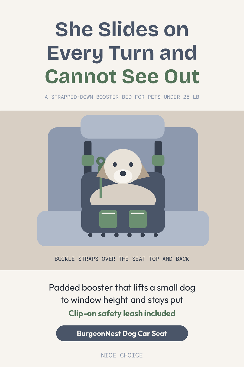 Nice Choice illustration pin for the BurgeonNest booster car seat for small dogs