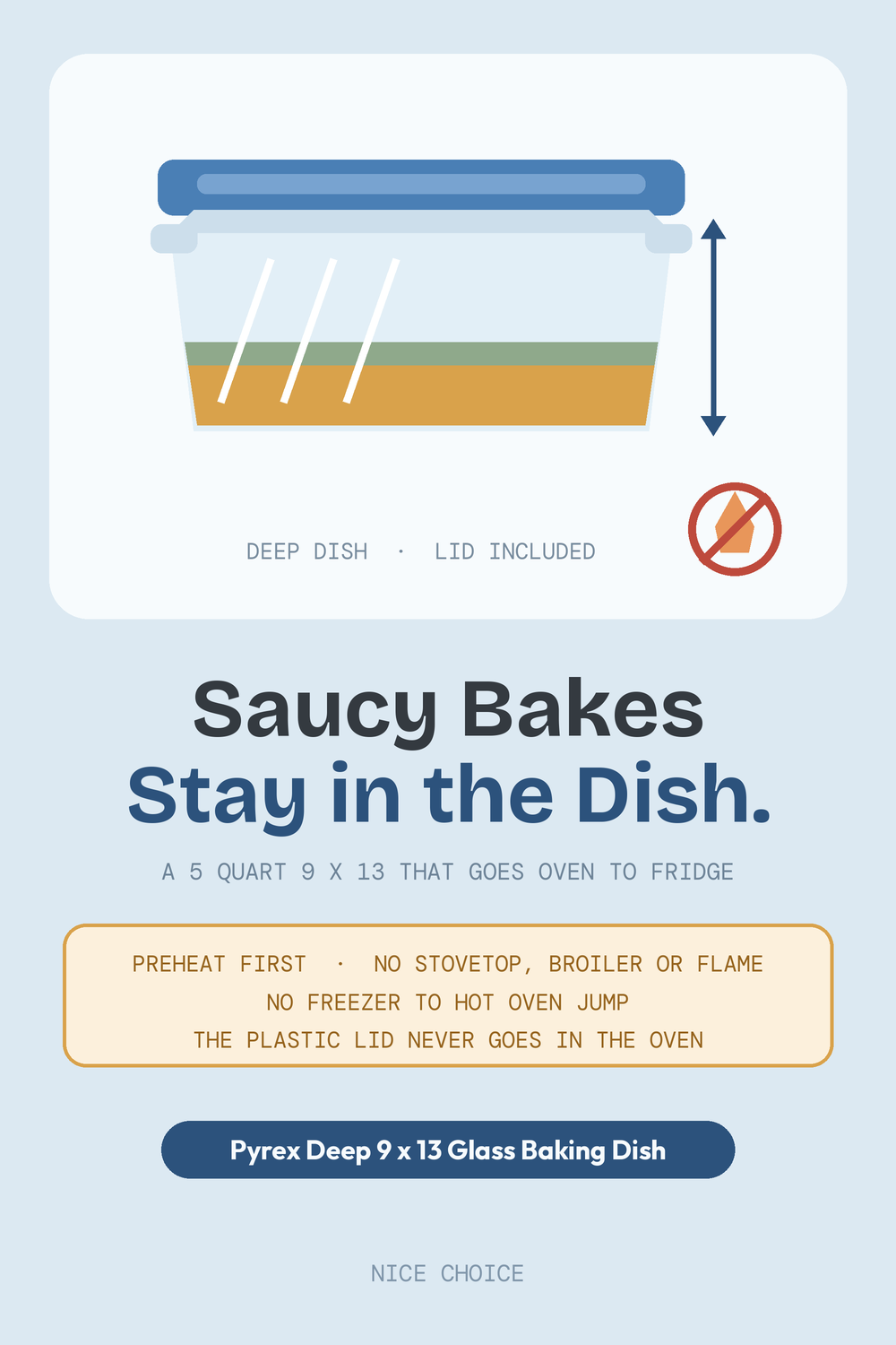 Nice Choice illustration pin for the deep 9x13 glass baking dish with lid