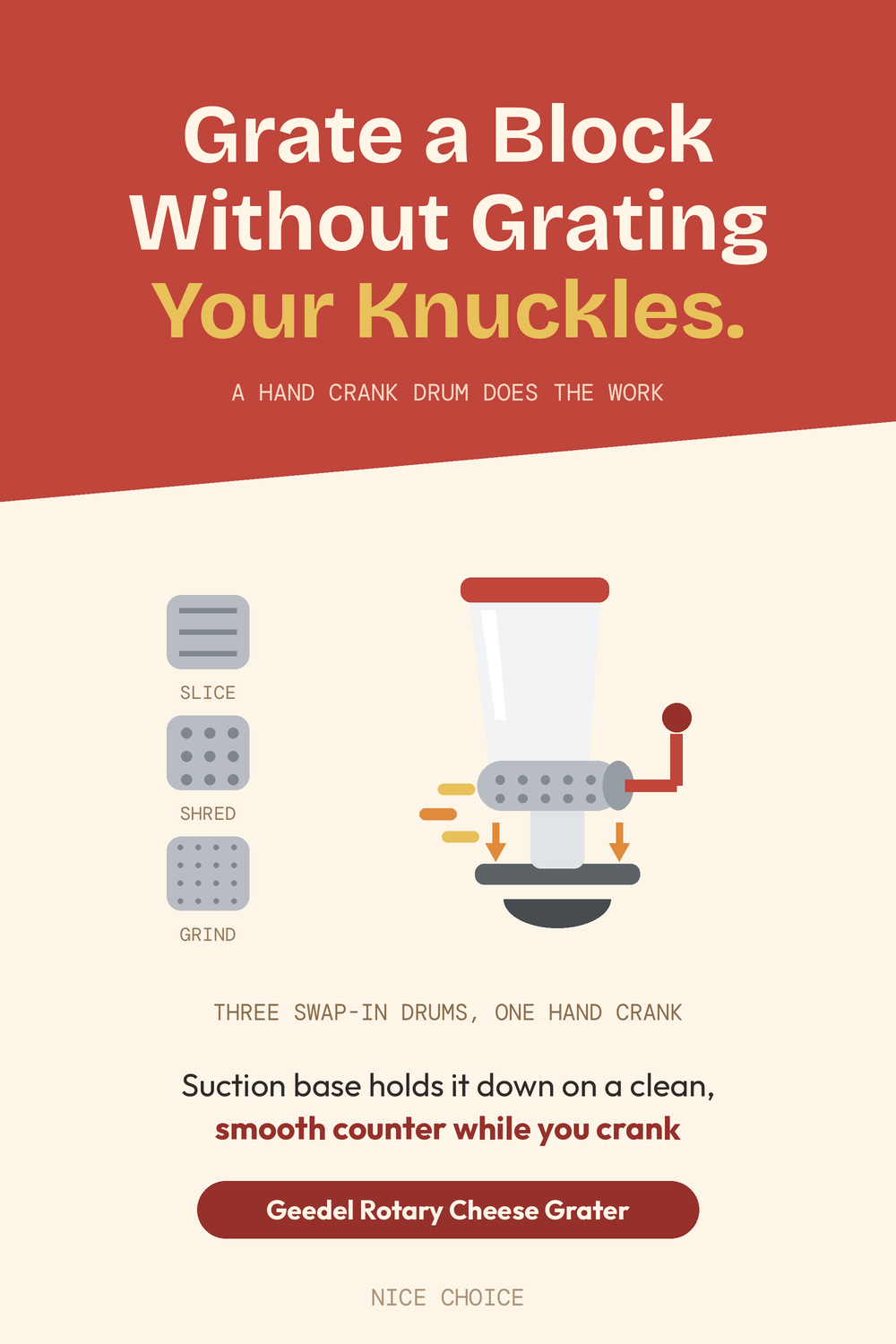 Nice Choice illustration pin for the Geedel rotary cheese grater with three drums