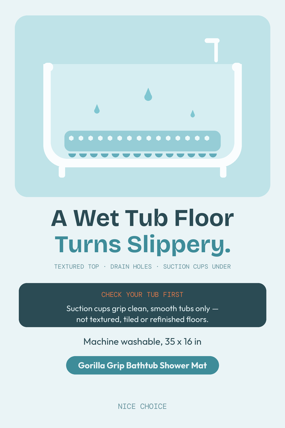 Nice Choice illustration pin for the Gorilla Grip bathtub shower mat