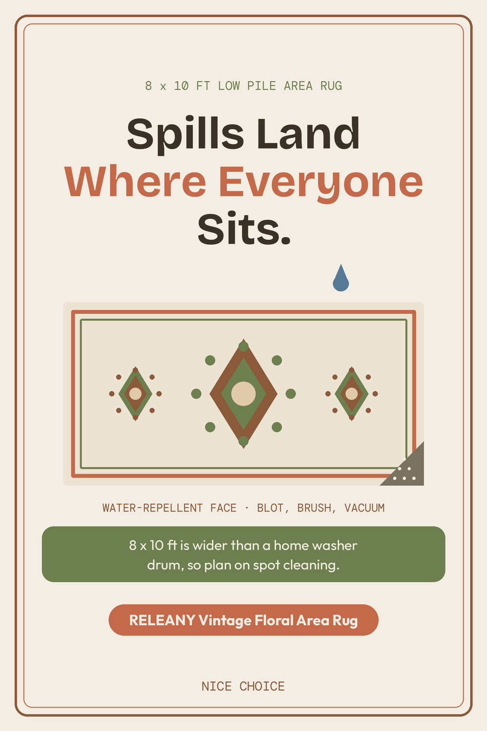 Nice Choice illustration pin for the RELEANY 8x10 low-pile printed area rug